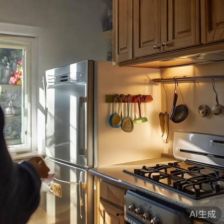 冰箱灶台靠近,方便烹饪与工具存