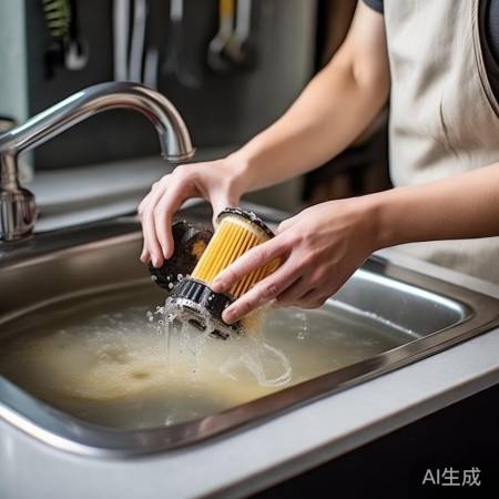 油网清洗步骤：热水浸泡，洗洁精